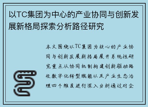 以TC集团为中心的产业协同与创新发展新格局探索分析路径研究 以TC集团为中心的产业协同与创新发展新格局探索分析路径研究